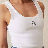 Ceres Life Contour Rib Scoop Tank | White/Black Monogram Embroidery