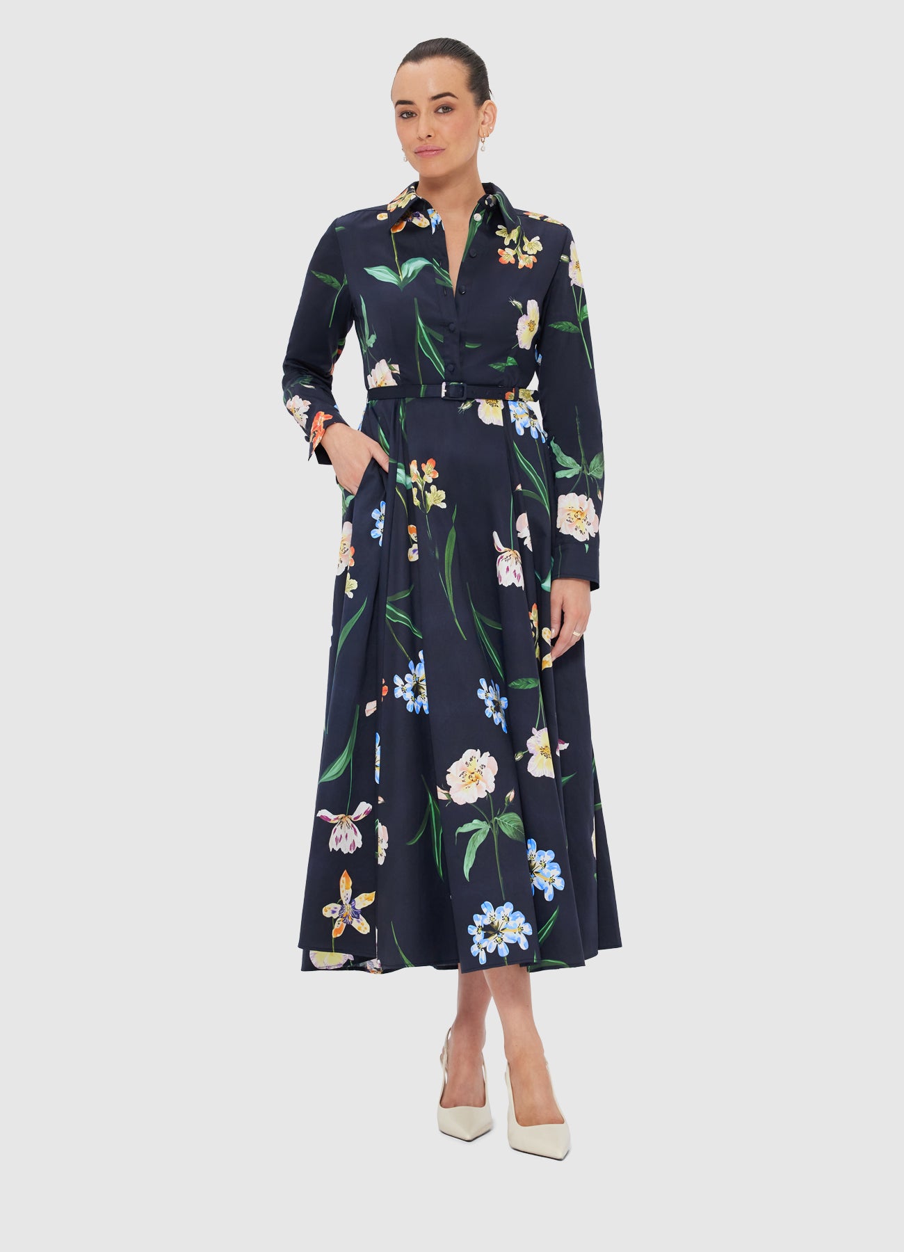 Zara Shirt Midi Dress - Botanical Print in Ebony