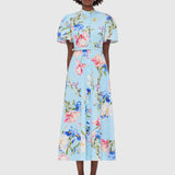 Bianca Short Sleeve Midi Dress - Garden Print in Baby Blue