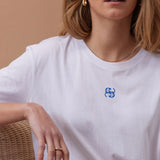 Ceres Life Lola Longline Step Hem Tee | White/Azure Blue Monogram