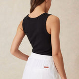 Ceres Life Contour Rib Scoop Tank | Black/White Monogram Embroidery