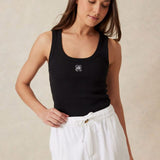 Ceres Life Contour Rib Scoop Tank | Black/White Monogram Embroidery