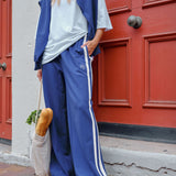 Ceres Life Gigi Wide Leg Terry Trackpant | Washed Navy Side Stripe