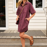 Ceres Life Sara Mini Shirt Dress | Wine Printed Pinstripe