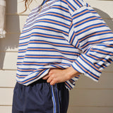 Ceres Life Beau Long Slouchy Sleeve Tee | Warm White/ Klein Blue Stripe