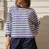 Ceres Life Beau Long Slouchy Sleeve Tee | Warm White/ Klein Blue Stripe