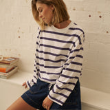 Ceres Life Beau Tie Slouchy Top | White/Polo Choc Stripe