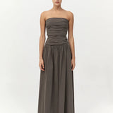 St Agni Gathered Strapless Tie Back Dress | Khaki (PRE-ORDER)