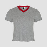 Bassike Contrast V-Neck Baby T-Shirt | Grey Marl/Heritage Red
