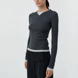 St Agni Cotton V Neck Long Sleeve Top | Charcoal Melange