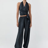 St Agni Silk Halter Wrap Top | Washed Black
