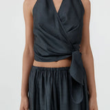 St Agni Silk Halter Wrap Top | Washed Black