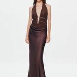Misha Celine Satin Maxi Dress | Umber Brown