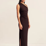Shona Joy Beau Gathered Asymmetrical Midi Dress | Espresso