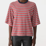 Bassike Stripe Quarter Sleeve T-Shirt | Red/ Navy/ Neutral