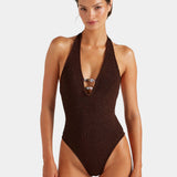 Hunza G Adriana Beaded Swim | Metallic Chocolate