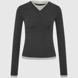 St Agni Cotton V Neck Long Sleeve Top | Charcoal Melange