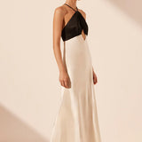 Shona Joy Lino Cross Back Halter Maxi Dress | Cream/Black