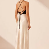 Shona Joy Lino Cross Back Halter Maxi Dress | Cream/Black