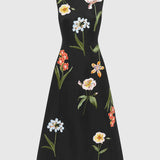 Leo Lin Cleo Embroidery Midi Dress | Botanical Print in Ebony