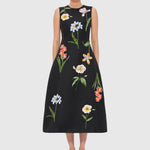 Cleo Embroidery Midi Dress - Botanical Print in Ebony