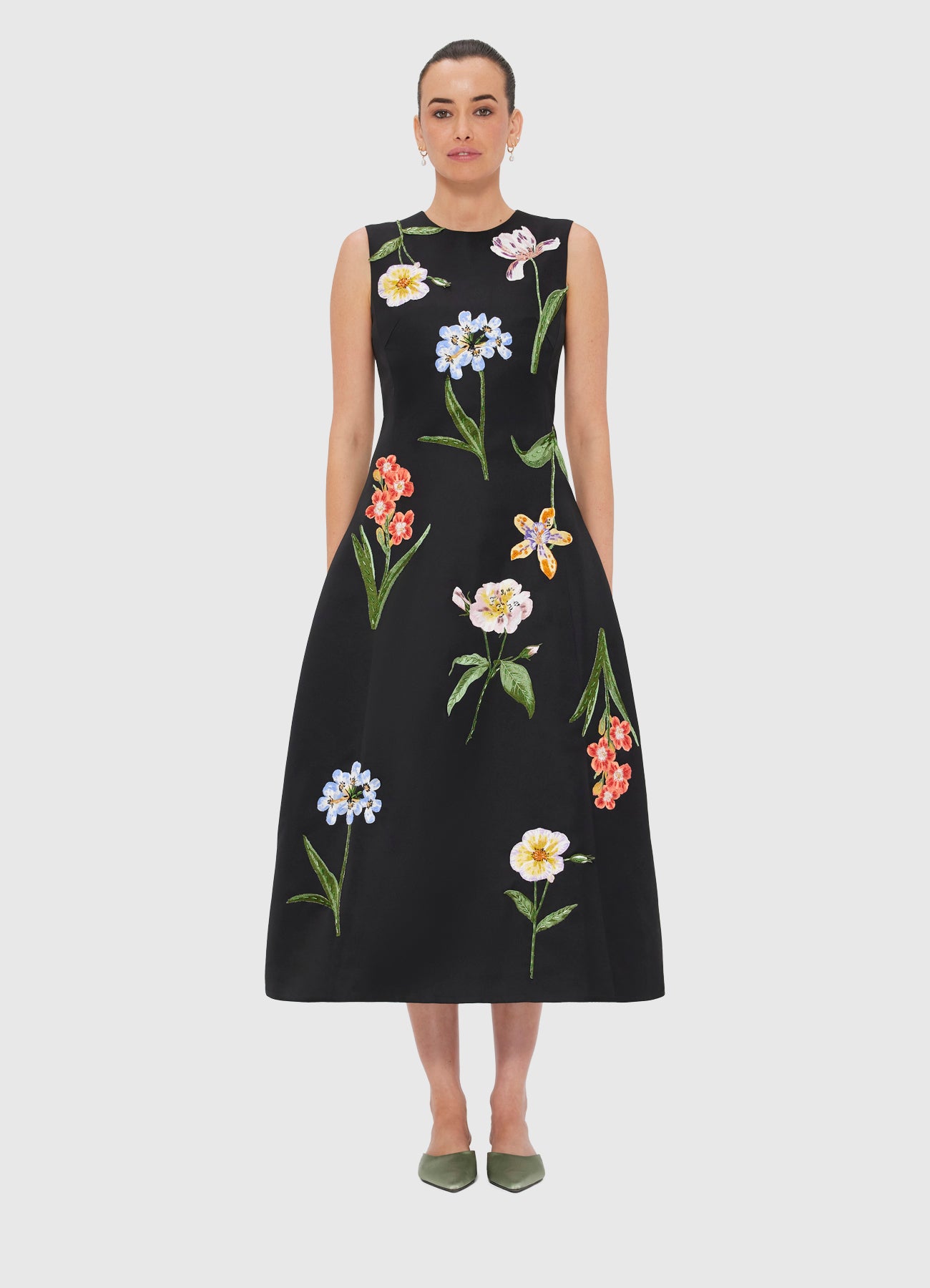 Cleo Embroidery Midi Dress - Botanical Print in Ebony