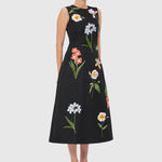 Cleo Embroidery Midi Dress - Botanical Print in Ebony
