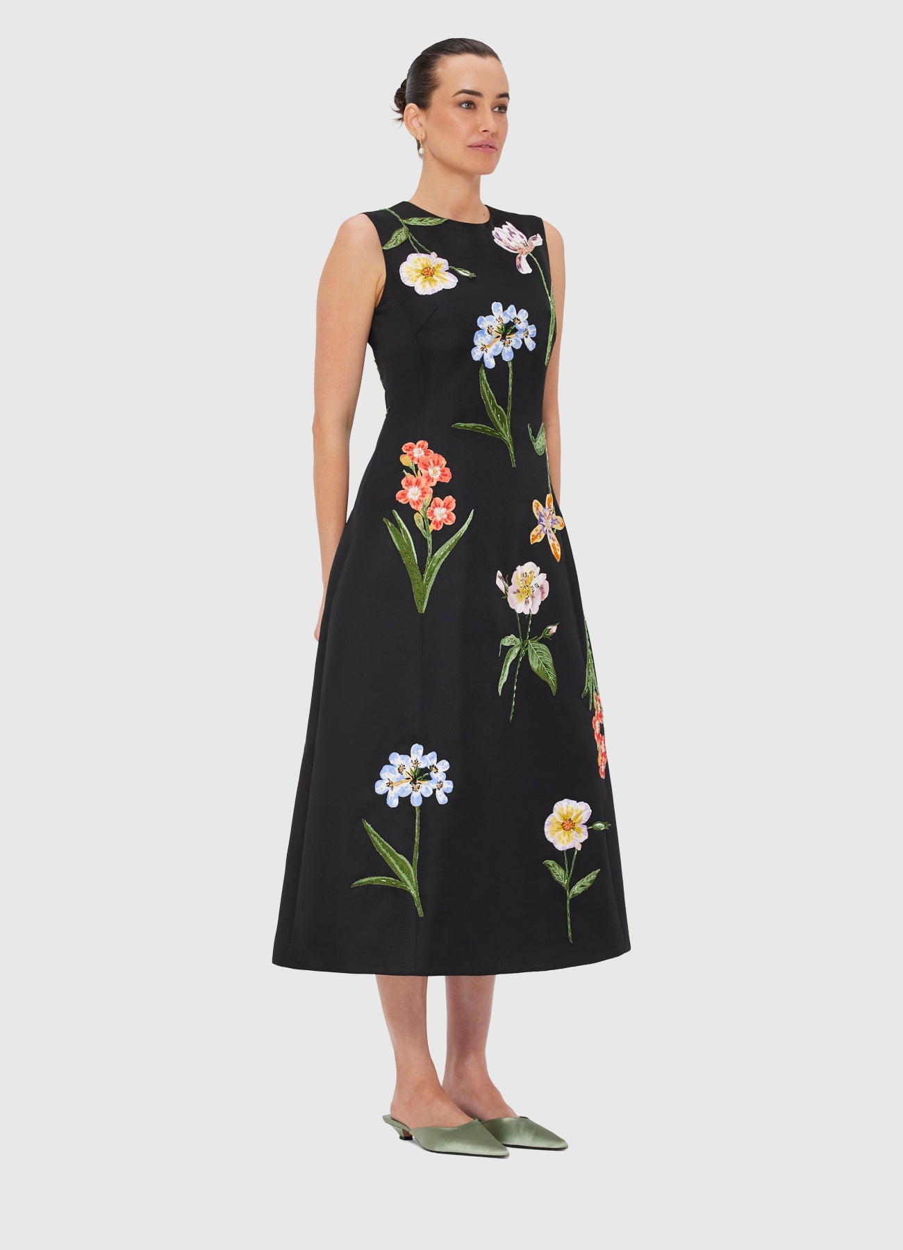Cleo Embroidery Midi Dress - Botanical Print in Ebony