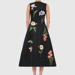 Cleo Embroidery Midi Dress - Botanical Print in Ebony