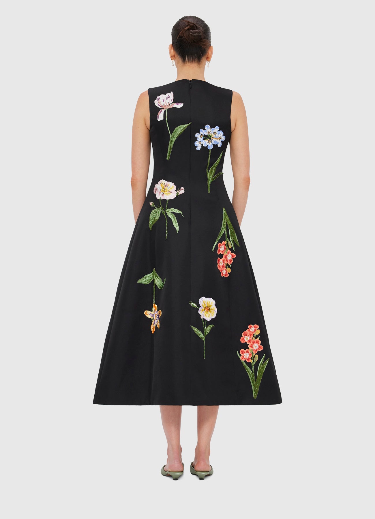 Cleo Embroidery Midi Dress - Botanical Print in Ebony