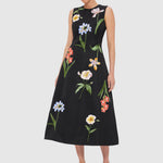 Cleo Embroidery Midi Dress - Botanical Print in Ebony
