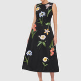 Cleo Embroidery Midi Dress - Botanical Print in Ebony