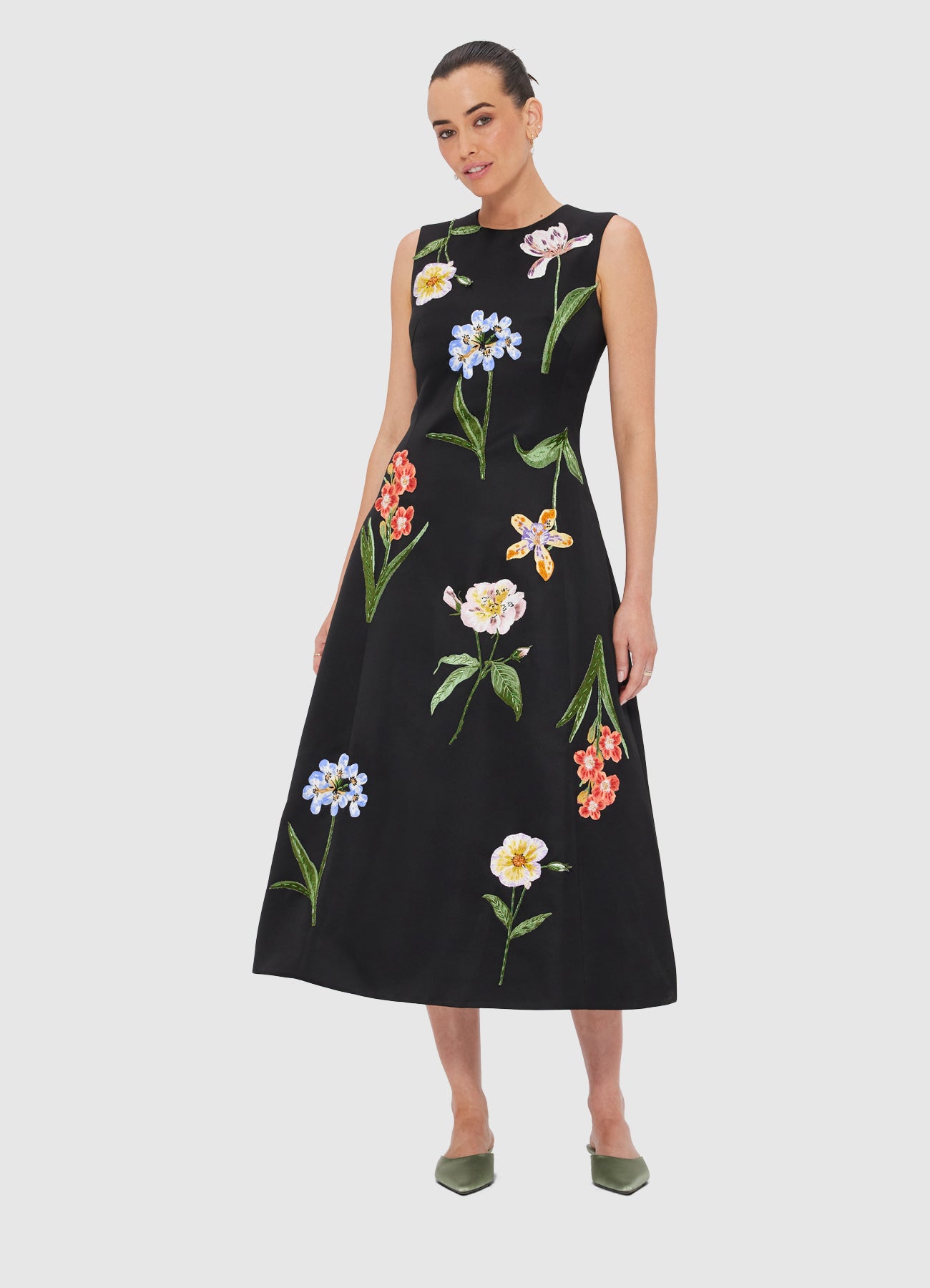 Cleo Embroidery Midi Dress - Botanical Print in Ebony