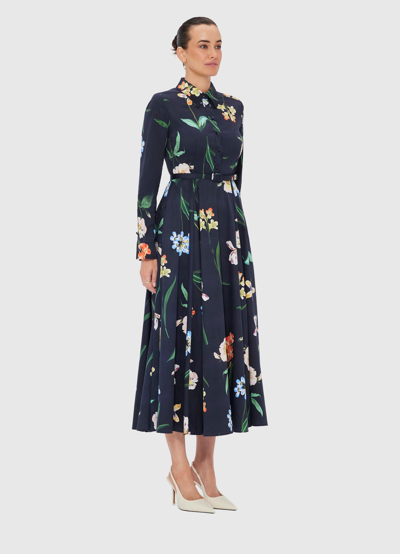 Zara Shirt Midi Dress - Botanical Print in Ebony