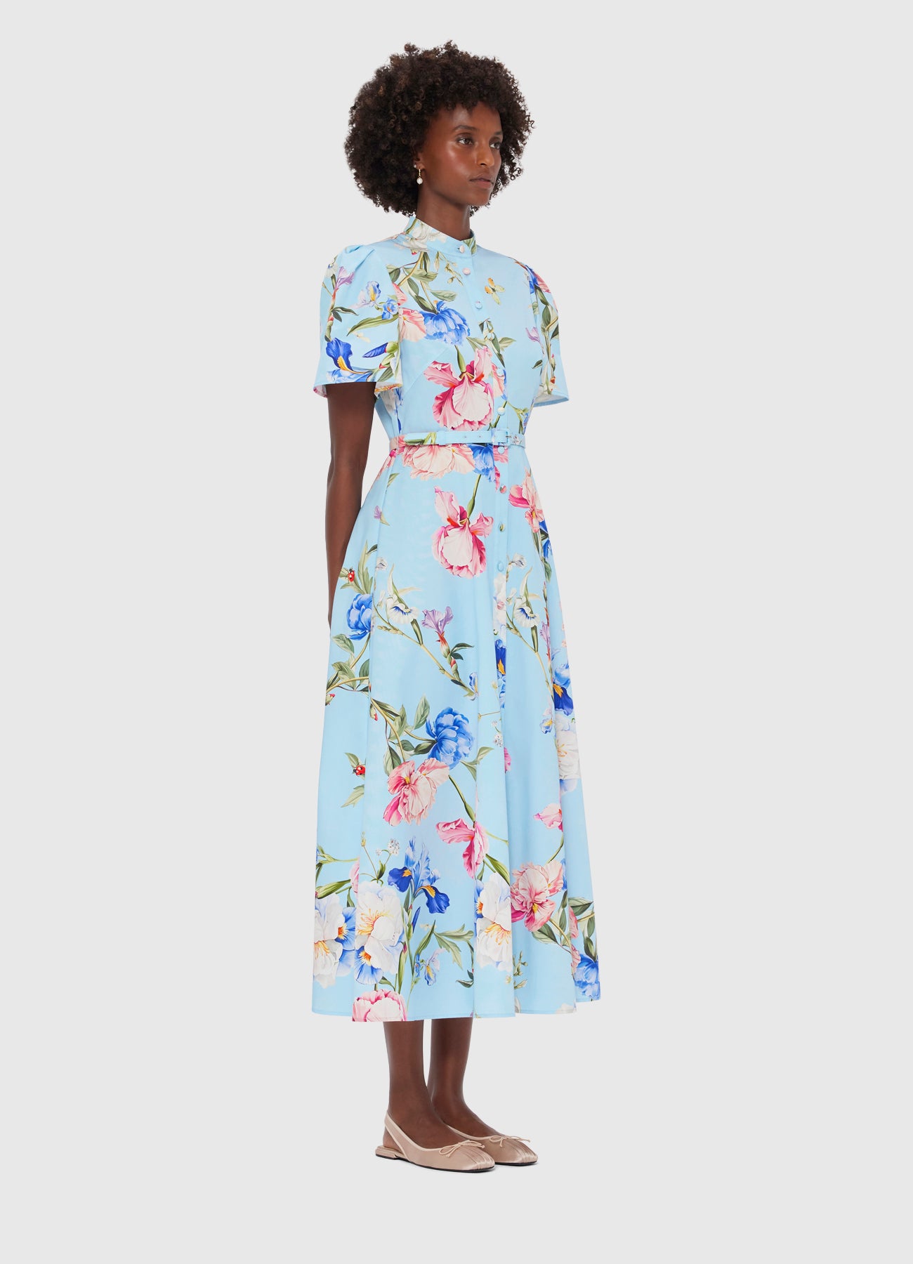 Bianca Short Sleeve Midi Dress - Garden Print in Baby Blue