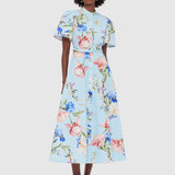 Bianca Short Sleeve Midi Dress - Garden Print in Baby Blue
