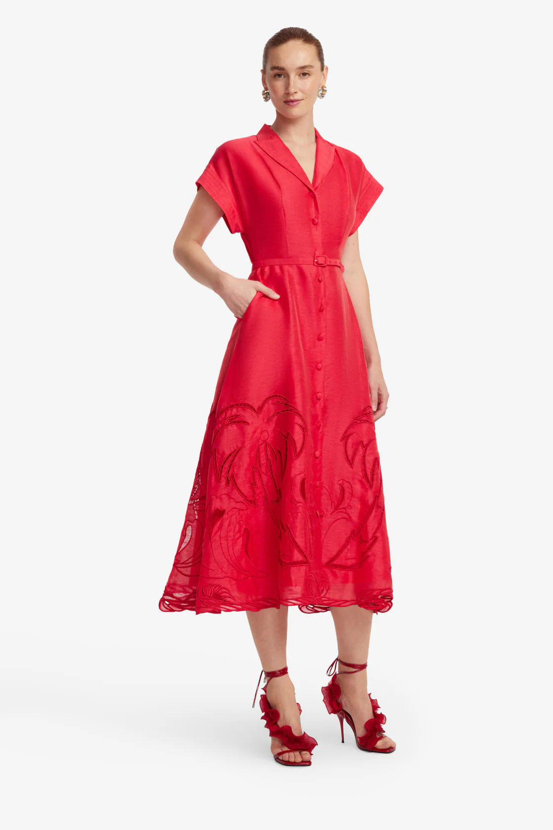Leo Lin Aubrey Applique Shirt Midi Dress | Scarlet
