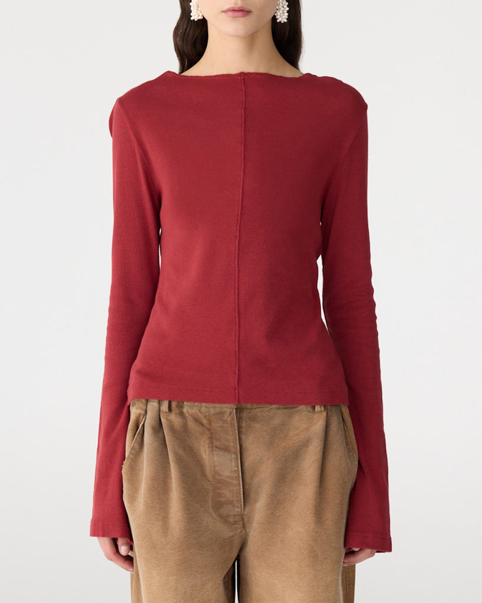 Bassike Front Seam Rib Long Sleeve T-Shirt | Deep Red
