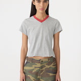 Bassike Contrast V-Neck Baby T-Shirt | Grey Marl/Heritage Red