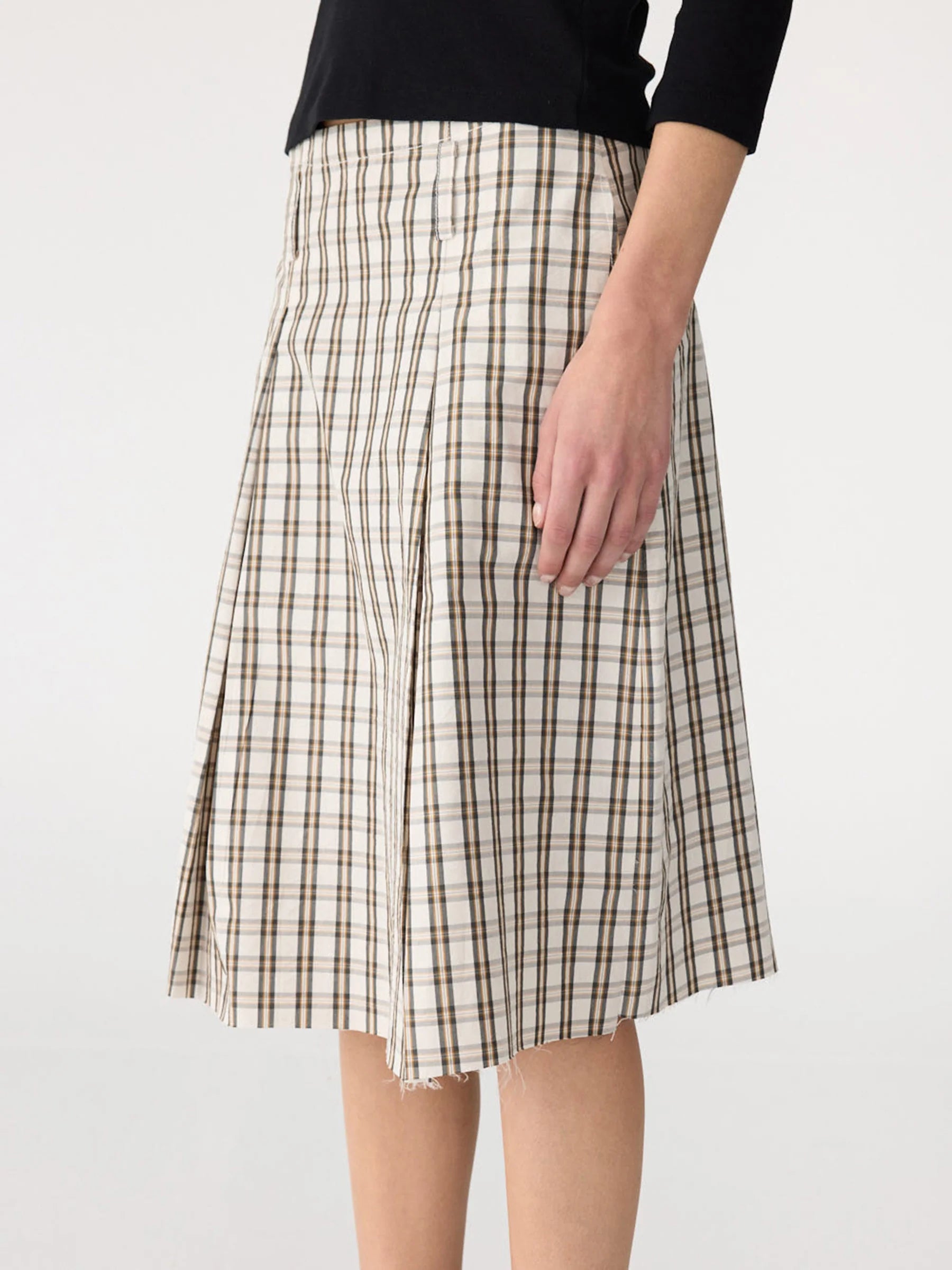 Bassike Check Box Pleat Skirt | Stone/Charcoal/Tan Check