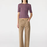 Bassike Retro Rib Stripe Mid Sleeve Top  | Burgundy/White/Forest/Pink