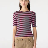 Bassike Retro Rib Stripe Mid Sleeve Top  | Burgundy/White/Forest/Pink