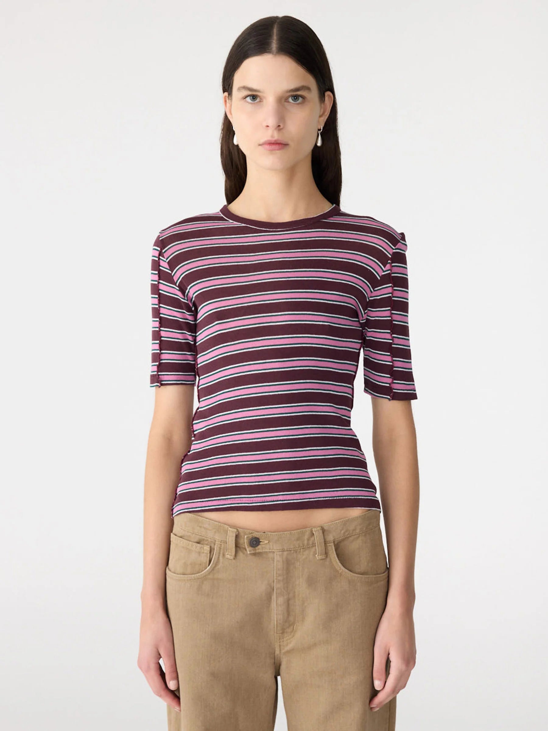 Bassike Retro Rib Stripe Mid Sleeve Top  | Burgundy/White/Forest/Pink