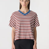 Bassike Stripe Boxy V-Neck Tee | Vintage Red/ Natural/ Blue
