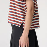 Bassike Stripe Boxy V-Neck Tee | Vintage Red/ Natural/ Blue