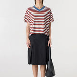 Bassike Stripe Boxy V-Neck Tee | Vintage Red/ Natural/ Blue