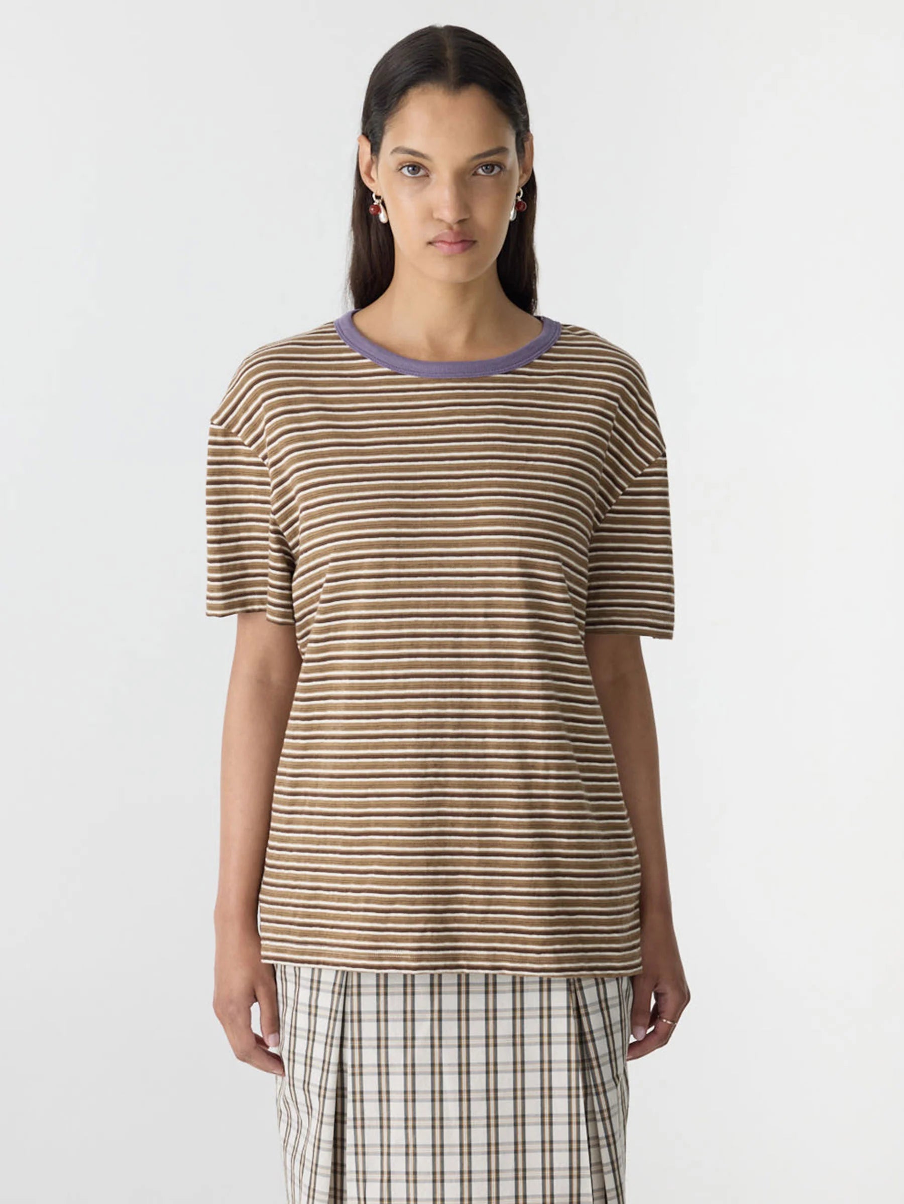 Bassike Stripe Boyfriend T-Shirt | Brown Stripe/Heritage Purple