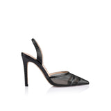 Lana Wilkinson Jade Heel | Black Mesh & Lizard-Embossed Leather