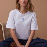 Ceres Life Lola Longline Step Hem Tee | White/Azure Blue Monogram
