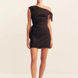 Shona Joy Brooks Asymmetrical Tie Mini Dress | Ganache